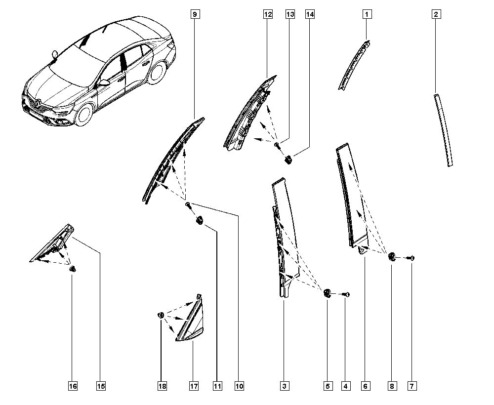 Megane 4-IV Sol Arka Kelebek Cam Çıtası 2016-> 822B59454R - Renault Mais