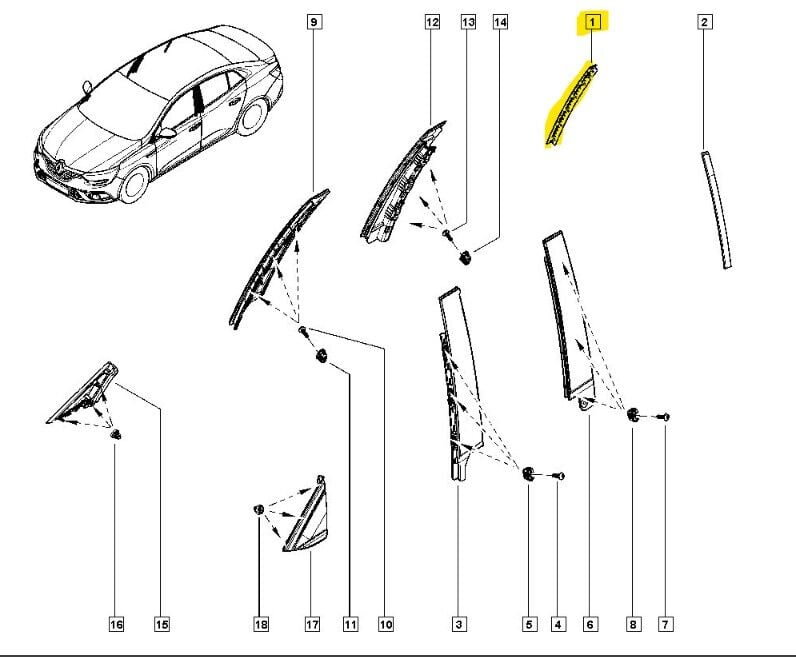 Megane 4-IV Sağ Arka Kelebek Cam Çıtası 2016-> 822B49307R -Renault Mais